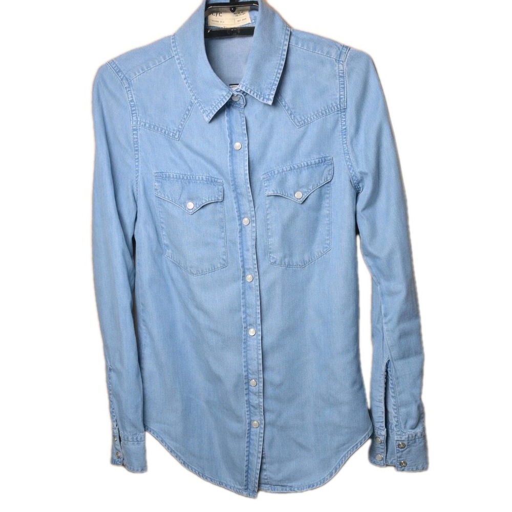 Current Elliott Women's Western Pearl Snap Shirt Chambray Tencel Blue Size XS